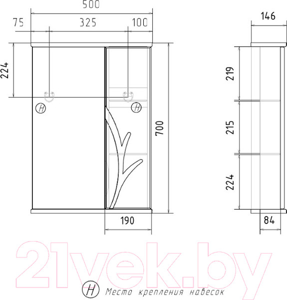 Изображение товара Шкаф с зеркалом для ванной Volna Adel 50 R (белый)
