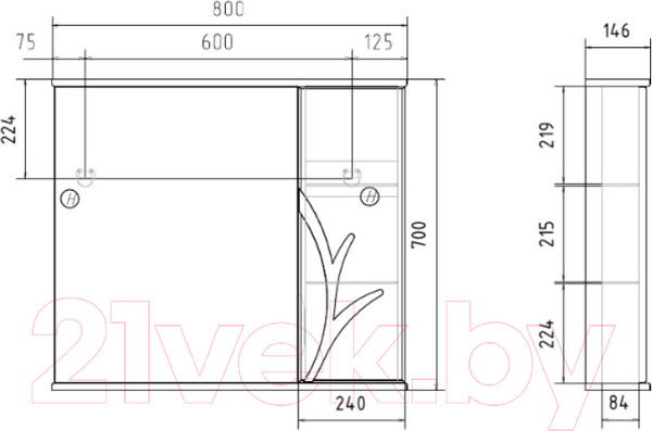 Изображение товара Шкаф с зеркалом для ванной Volna Adel 80 R (белый)