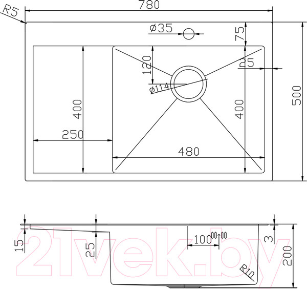 Изображение товара Мойка кухонная Mixline Pro 551878 правый (сатин, с сифоном)
