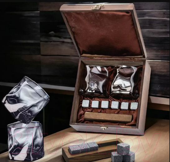 Изображение товара Набор для виски AMIRO ABW-304W В деревянной шкатулке (2 стакана, 6 камней)