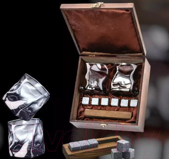 Изображение товара Набор для виски AMIRO ABW-304W В деревянной шкатулке (2 стакана, 6 камней)