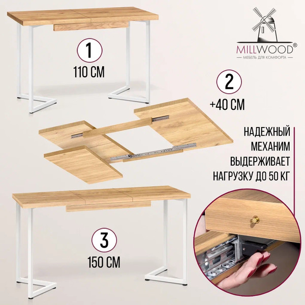 Изображение товара Обеденный стол Millwood Лофт Лондон 110-150x70x76 (дуб золотой Craft/металл белый)