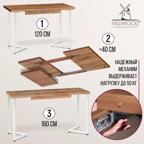 Изображение товара Обеденный стол Millwood Лофт Лондон 120-160x80x76 (дуб табачный Craft/металл белый)
