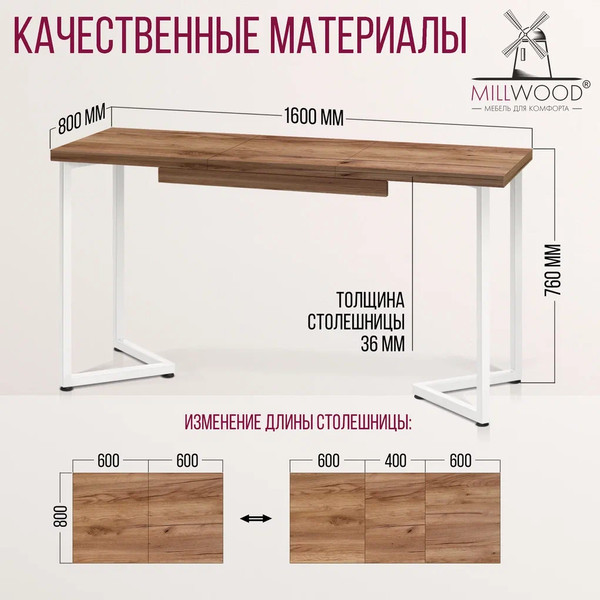 Изображение товара Обеденный стол Millwood Лофт Лондон 120-160x80x76 (дуб табачный Craft/металл белый)