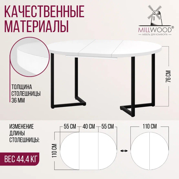 Изображение товара Обеденный стол Millwood Лондон D110 раздвижной / 110-150x110x76 (белый/металл черный)