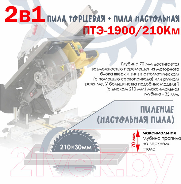Изображение товара Торцовочная пила Калибр Мастер ПТЭ-1900/210Км