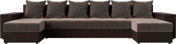 Изображение товара Диван П-образный Лига Диванов Дубай полки слева (велюр коричневый/экокожа коричневый)