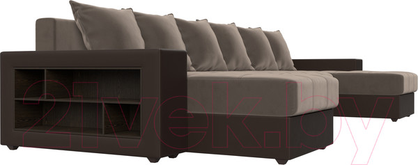 Изображение товара Диван П-образный Лига Диванов Дубай полки слева (велюр коричневый/экокожа коричневый)