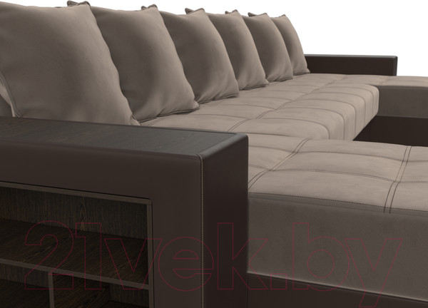Изображение товара Диван П-образный Лига Диванов Дубай полки слева (велюр коричневый/экокожа коричневый)