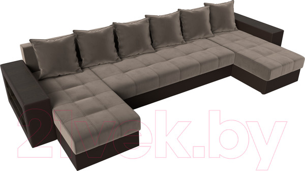 Изображение товара Диван П-образный Лига Диванов Дубай полки слева (велюр коричневый/экокожа коричневый)