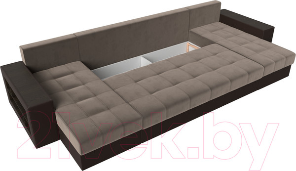 Изображение товара Диван П-образный Лига Диванов Дубай полки слева (велюр коричневый/экокожа коричневый)