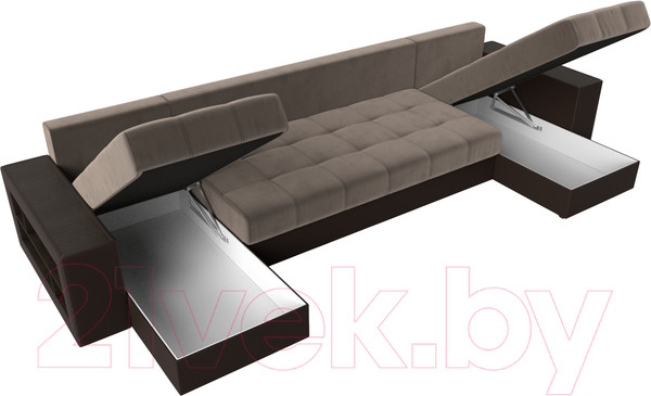 Изображение товара Диван П-образный Лига Диванов Дубай полки слева (велюр коричневый/экокожа коричневый)