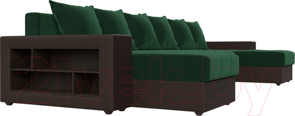 Изображение товара Диван П-образный Лига Диванов Дубай полки слева (велюр зеленый/экокожа коричневый)