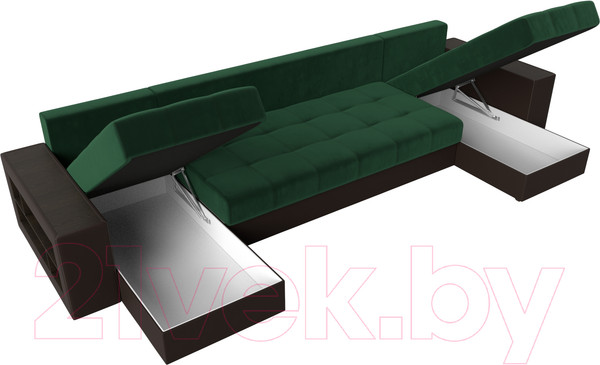 Изображение товара Диван П-образный Лига Диванов Дубай полки слева (велюр зеленый/экокожа коричневый)