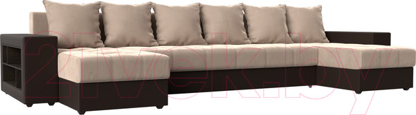 Изображение товара Диван П-образный Лига Диванов Дубай полки слева (велюр бежевый/экокожа коричневый)