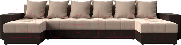 Изображение товара Диван П-образный Лига Диванов Дубай полки слева (велюр бежевый/экокожа коричневый)
