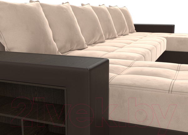 Изображение товара Диван П-образный Лига Диванов Дубай полки слева (велюр бежевый/экокожа коричневый)