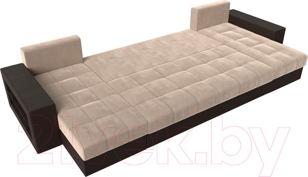 Изображение товара Диван П-образный Лига Диванов Дубай полки слева (велюр бежевый/экокожа коричневый)