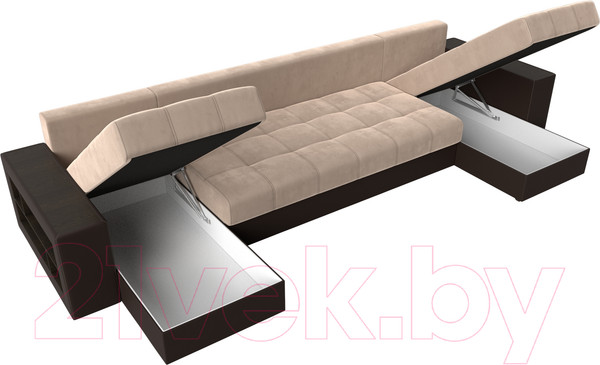 Изображение товара Диван П-образный Лига Диванов Дубай полки слева (велюр бежевый/экокожа коричневый)