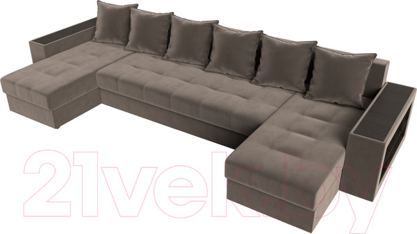 Изображение товара Диван П-образный Лига Диванов Дубай полки справа (велюр коричневый)