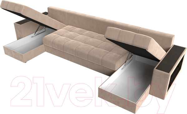 Изображение товара Диван П-образный Лига Диванов Дубай полки справа (велюр бежевый)
