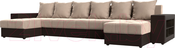 Изображение товара Диван П-образный Лига Диванов Дубай полки справа (велюр бежевый/экокожа коричневый)