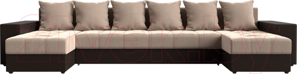 Изображение товара Диван П-образный Лига Диванов Дубай полки справа (велюр бежевый/экокожа коричневый)