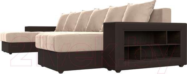 Изображение товара Диван П-образный Лига Диванов Дубай полки справа (велюр бежевый/экокожа коричневый)