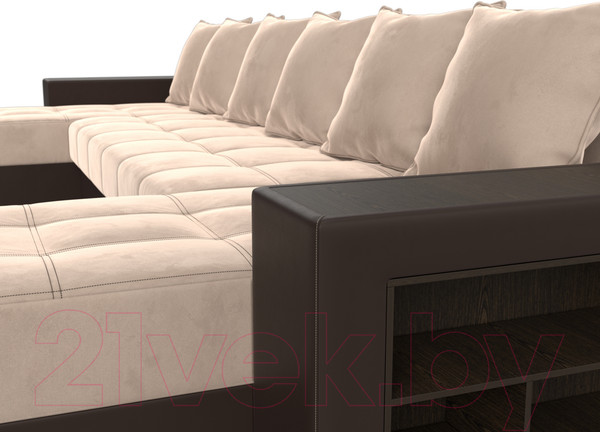 Изображение товара Диван П-образный Лига Диванов Дубай полки справа (велюр бежевый/экокожа коричневый)