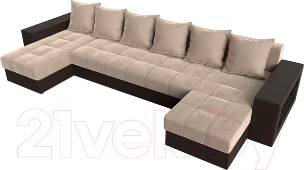 Изображение товара Диван П-образный Лига Диванов Дубай полки справа (велюр бежевый/экокожа коричневый)
