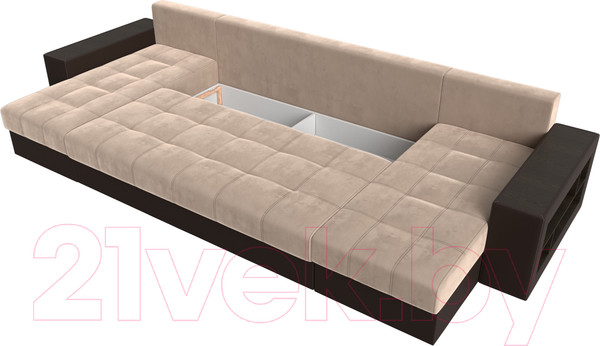 Изображение товара Диван П-образный Лига Диванов Дубай полки справа (велюр бежевый/экокожа коричневый)