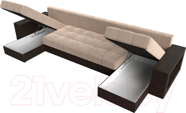 Изображение товара Диван П-образный Лига Диванов Дубай полки справа (велюр бежевый/экокожа коричневый)