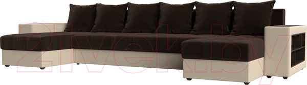 Изображение товара Диван П-образный Лига Диванов Дубай полки справа (микровельвет коричневый/экокожа бежевый)