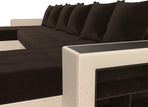 Изображение товара Диван П-образный Лига Диванов Дубай полки справа (микровельвет коричневый/экокожа бежевый)