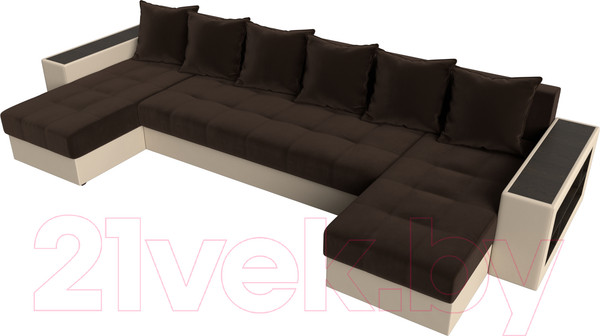 Изображение товара Диван П-образный Лига Диванов Дубай полки справа (микровельвет коричневый/экокожа бежевый)