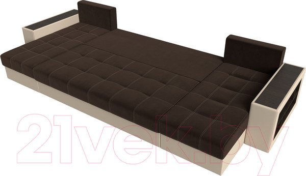 Изображение товара Диван П-образный Лига Диванов Дубай полки справа (микровельвет коричневый/экокожа бежевый)