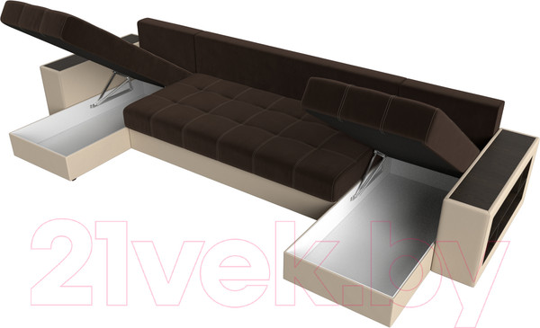 Изображение товара Диван П-образный Лига Диванов Дубай полки справа (микровельвет коричневый/экокожа бежевый)