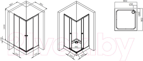 Изображение товара Душевой уголок AM.PM X-Joy Square Slide 90x90 / W94G-403-9090-МТ (матовый хром/прозрачное стекло)