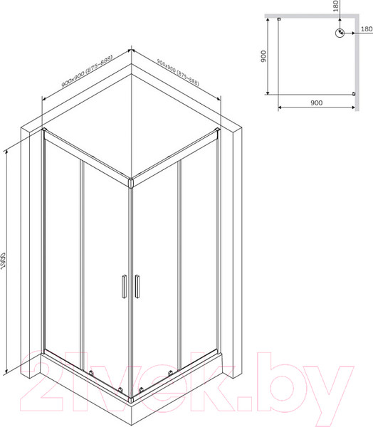 Изображение товара Душевой уголок AM.PM Gem S Square Slide 90x90 / W93G-403-090BT (черный матовый/прозрачное стекло)
