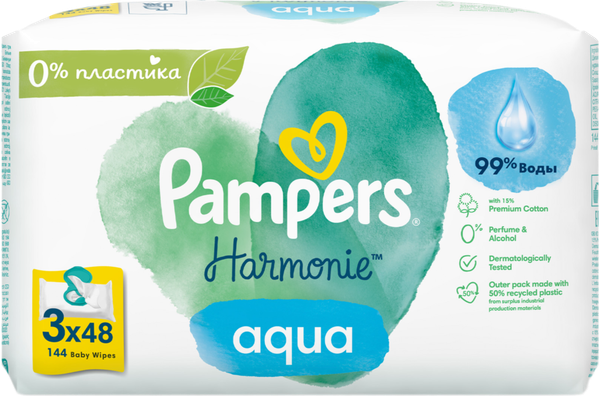 Изображение товара Влажные салфетки детские Pampers Harmonie Aqua (3x48шт)
