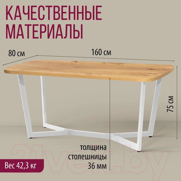 Изображение товара Обеденный стол Millwood Лофт Мюнхен Л 160x80x75 (дуб золотой Craft/металл белый)