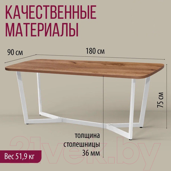 Изображение товара Обеденный стол Millwood Лофт Мюнхен Л 180x90x75 (дуб табачный Craft/металл белый)