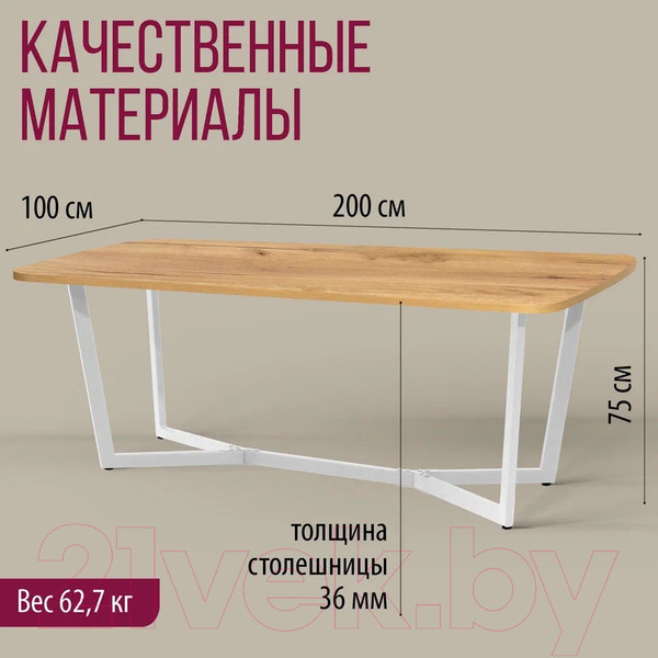 Изображение товара Обеденный стол Millwood Лофт Мюнхен Л 200x100x75 (дуб золотой Craft/металл белый)