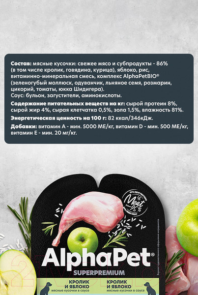 Изображение товара Влажный корм для собак AlphaPet Superpremium Кролик и яблоко мясные кусочки в соусе / 211002 (100г)