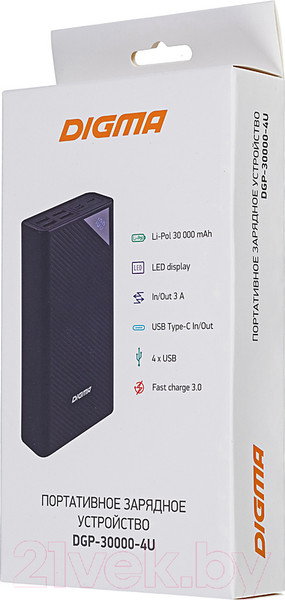 Изображение товара Портативное зарядное устройство Digma DGP-30000-4U 30000mAh (черный)