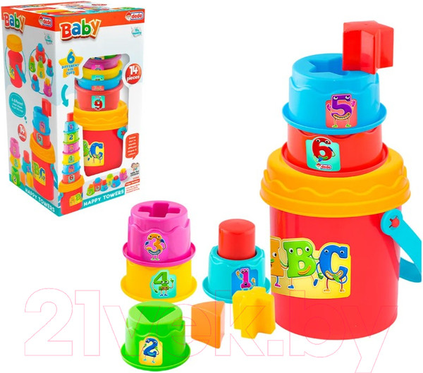 Изображение товара Развивающий игровой набор Dede Логическая пирамидка стаканчики в ведерке / 03466