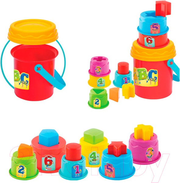 Изображение товара Развивающий игровой набор Dede Логическая пирамидка стаканчики в ведерке / 03466