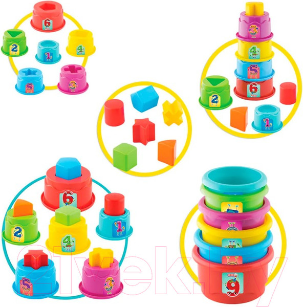Изображение товара Развивающий игровой набор Dede Логическая пирамидка стаканчики в ведерке / 03466