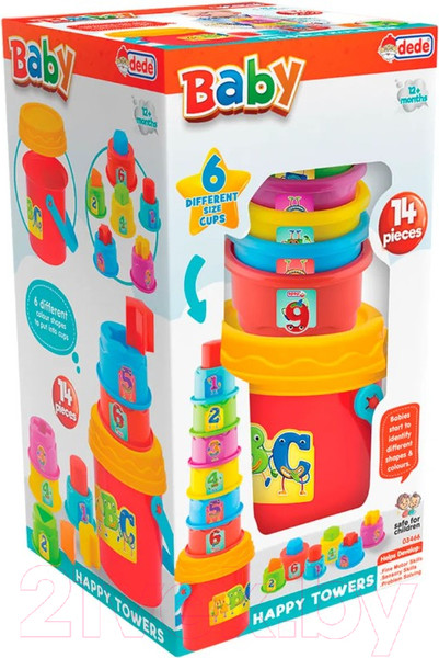 Изображение товара Развивающий игровой набор Dede Логическая пирамидка стаканчики в ведерке / 03466