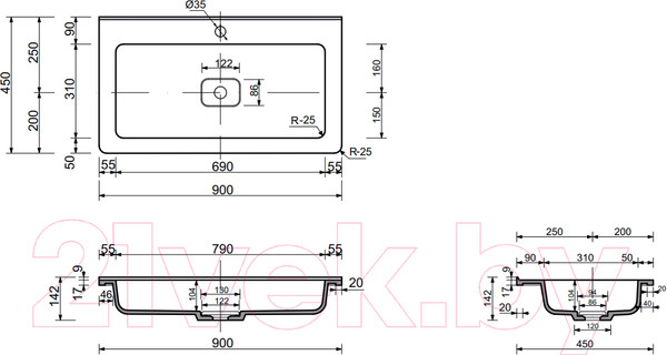 Изображение товара Умывальник Эстет Каре Люкс 90x45 / ФР-00015152
